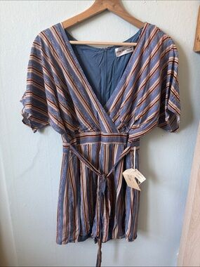 Free People Blue Striped Wrap Romper